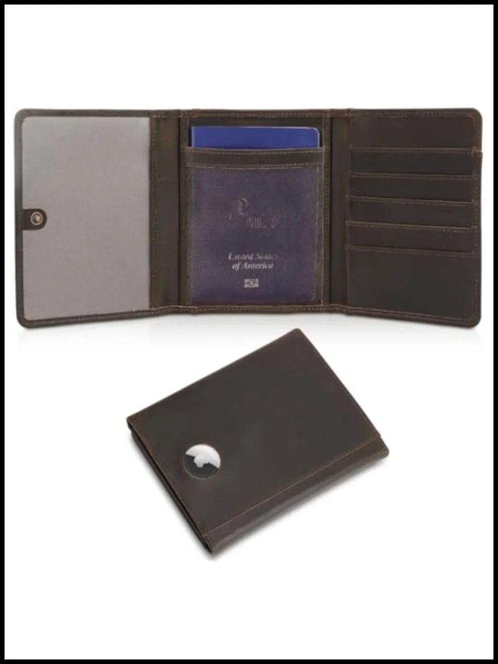 Full Grain Leather Trifold Wallet RFID Blocking Passport Holder with AirTag Slot